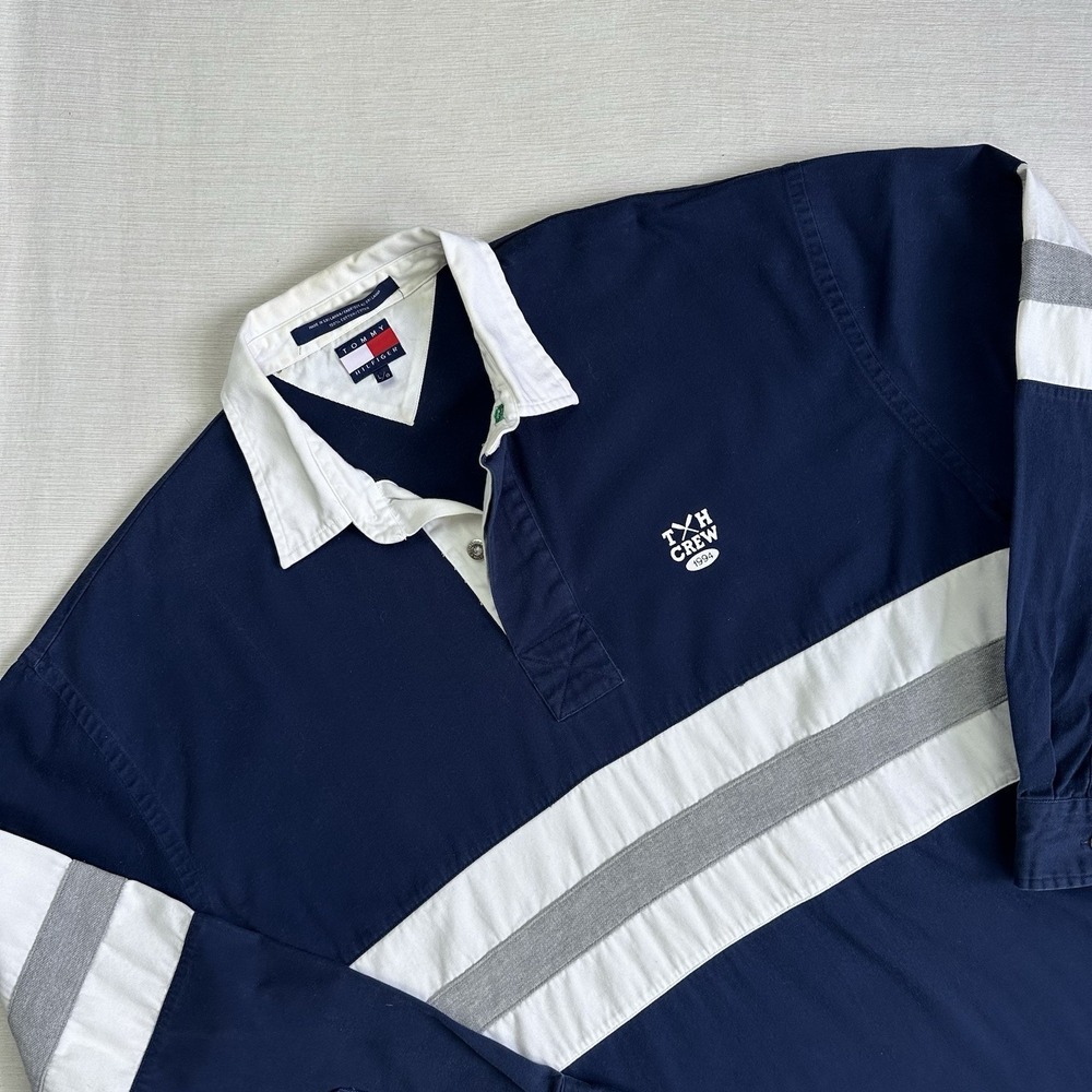 Vtg 1994 Tommy Hilfiger Crew Rowing Rugby Polo Shirt Men Large Navy Blue Preppy - Picture 2 of 8